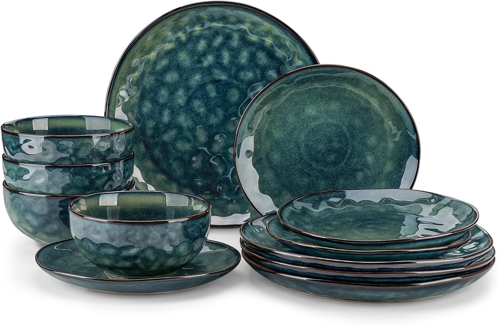 Vancasso Starry 12 Pieces Dinnerware Set, Plates and Bowls Set for 4, Stoneware Plates Set, Dishwasher and Microwave Safe, Green