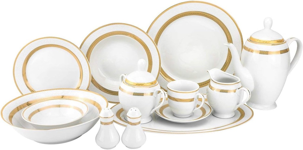Royalty Porcelain White 57Pc Dinner Set Gold Celtic Strip Bone China Porcelain