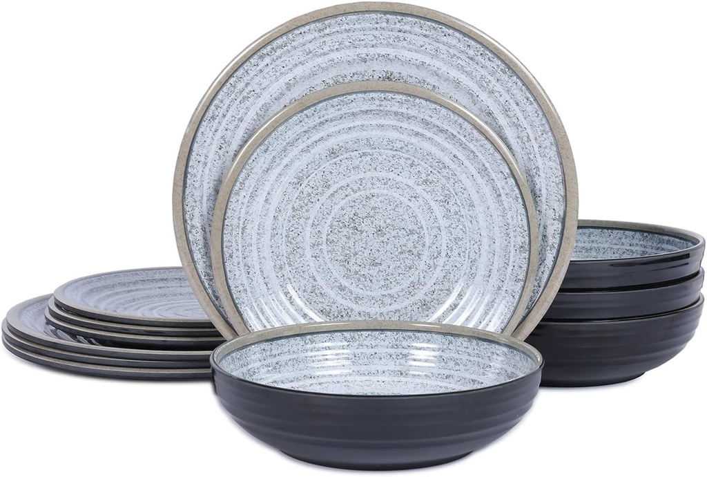 Melamine Dinnerware Sets 12 PCS - Service for 4 Plates & Bowls Sets Dishwasher Top-Shelf Safe, BPA Free Dinner Dishes Set for Everyday Use-Granite Pattern Black Back