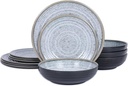 Melamine Dinnerware Sets 12 PCS - Service for 4 Plates & Bowls Sets Dishwasher Top-Shelf Safe, BPA Free Dinner Dishes Set for Everyday Use-Granite Pattern Black Back