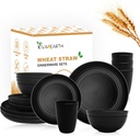 16-Piece Wheat Straw Dinnerware Sets, Dishes Set for 4, Unbreakable Plates, Bowls, Cups Sets for Kitchen Parties Camping RV - Black