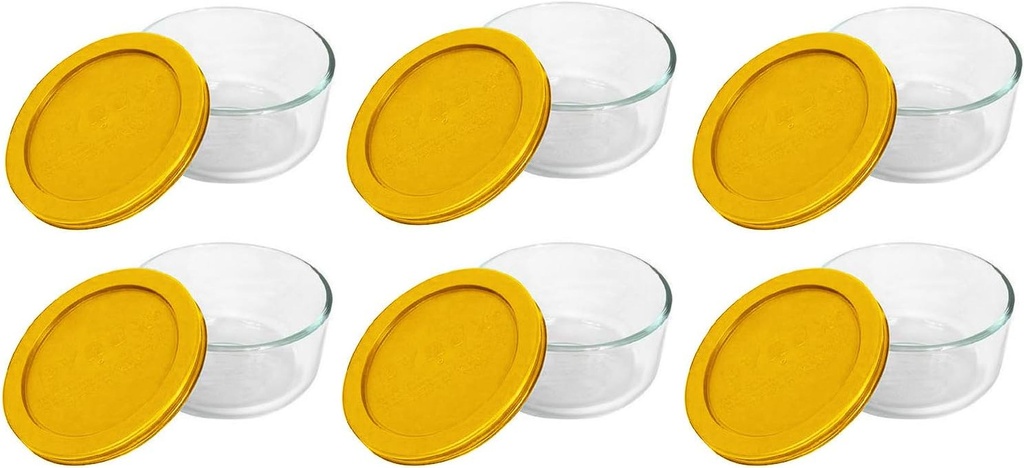 Pyrex Storage plus 2-Cup round Glass Food Storage Dish, Yellow Cover (6 Pack) Made in the USA