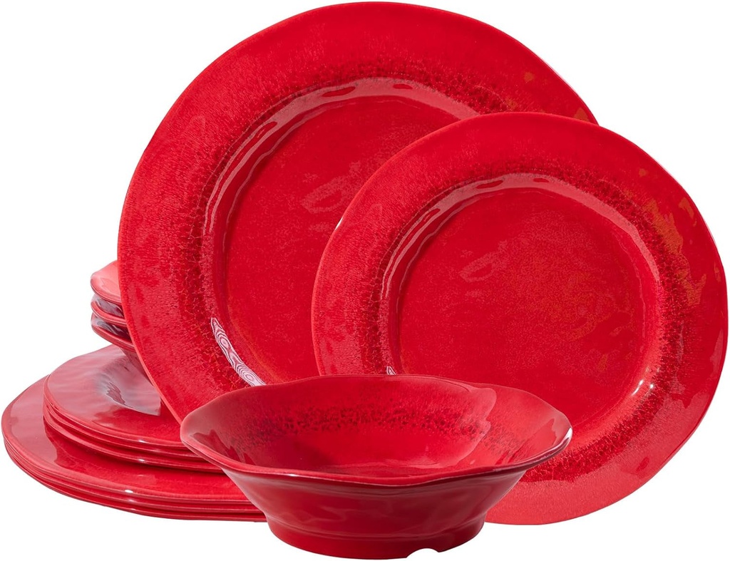 LEHAHA Red Dishes Melamine Dinnerware Sets, Stoneware Reactive Glaze Look 12 Piece Plates and Bowls Sets for 4, Unbreakable Outdoor and Indoor Dinnerware Set .Dishwasher Safe,Not for Microwave
