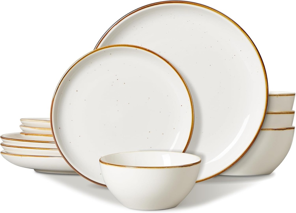ONEMORE Plates and Bowls Set, Dinnerware Sets for 4, Porcelain Kitchen Dishes Set 12Pcs, Scratch Resistant, Modern Aesthetic Plate Set - Microwave & Dishwasher Safe,Cream White
