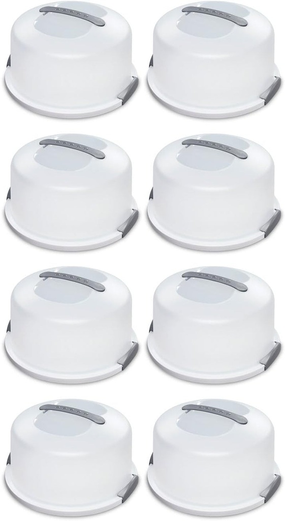 Sterilite Cake Server, Plastic Food Storage Container with Lid, Latches and Handle, Dessert Carrier, Dishwasher Safe, Clear Lid and White Base, 8-Pack