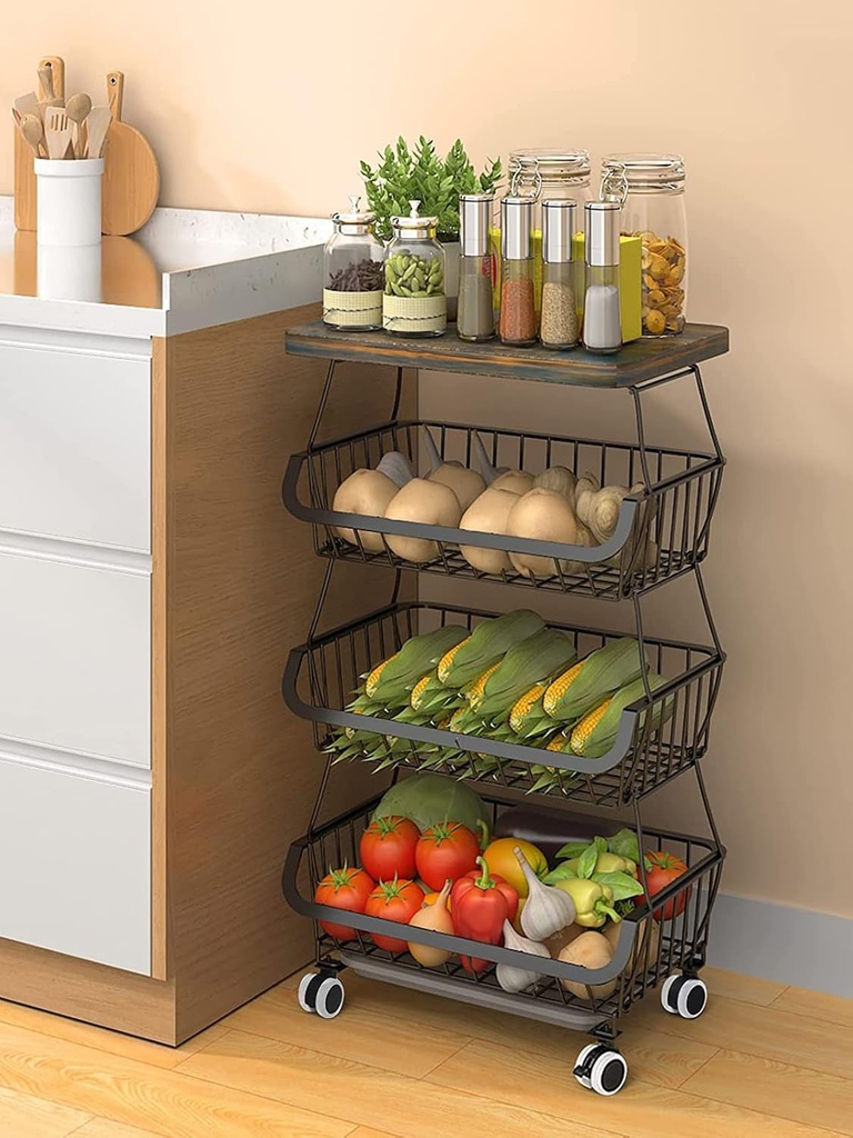 Fruit Basket with Wooden Lid for Kitchen, 4 Tier Stackable Storage Baskets Rack with Wheel ,Vegetable Organizing Baskets Cart for Kitchen Pantry,Bathroom,Garage