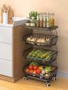 Fruit Basket with Wooden Lid for Kitchen, 4 Tier Stackable Storage Baskets Rack with Wheel ,Vegetable Organizing Baskets Cart for Kitchen Pantry,Bathroom,Garage