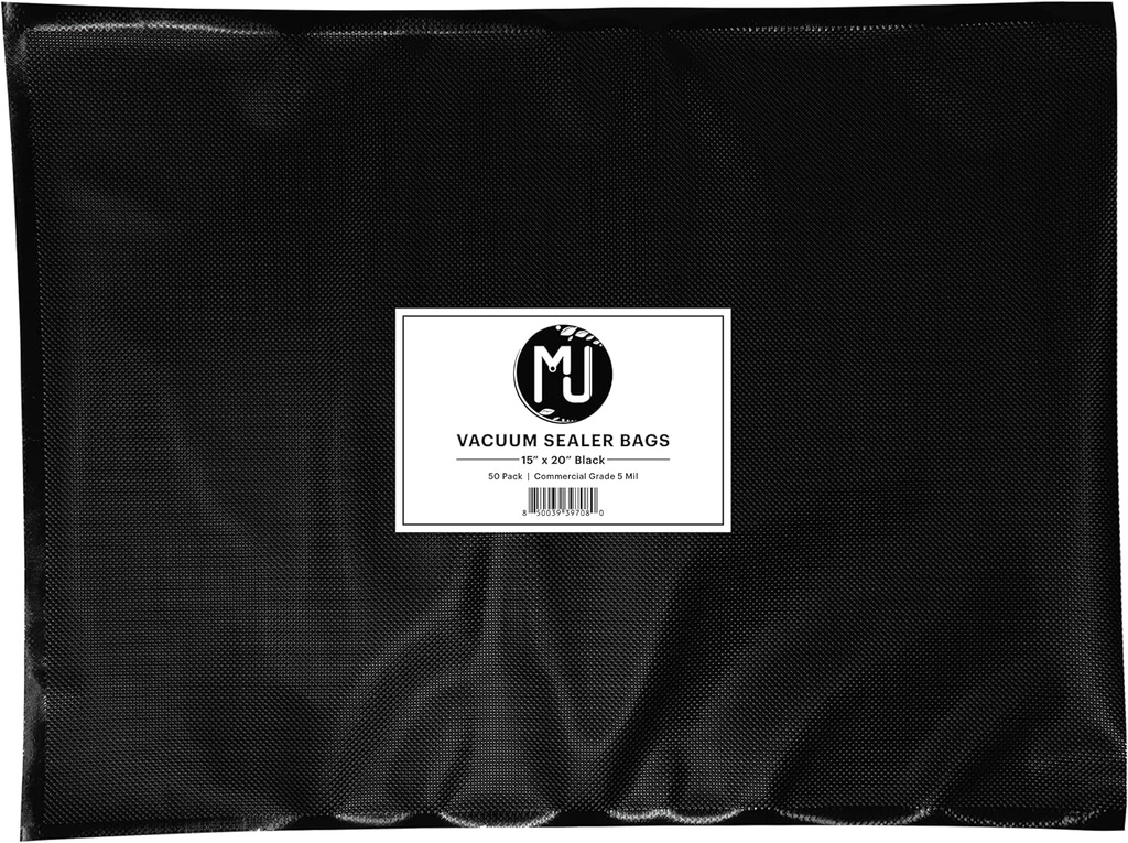 MJ Commercial-Grade Vacuum Sealer Bags for Food Storage, Sous Vide | 50 Pack (15" X 20" 5 Mil, All Black)