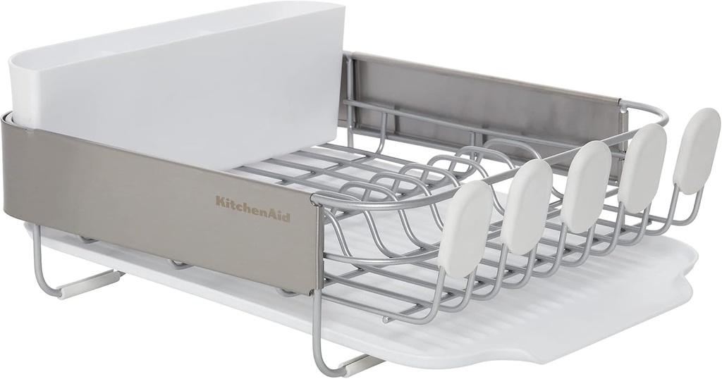 Kitchenaid Compact Satin Wire Rust Resistant, Expandable Dish Rack with Angled Self Draining Drainboard with Removable Flatware Caddy, 23.18-Inch, Gray