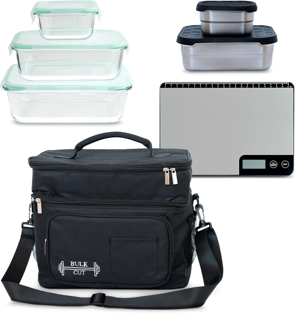 Bulk Cut Ultimate Meal Prep Containers Set, Reusable Lunch Boxes, Includes Glass and Stainless-Steel Lunch Storage Containers with Lids, Precision Food Scale and Lunch Bag, Modern Lunch Box Set