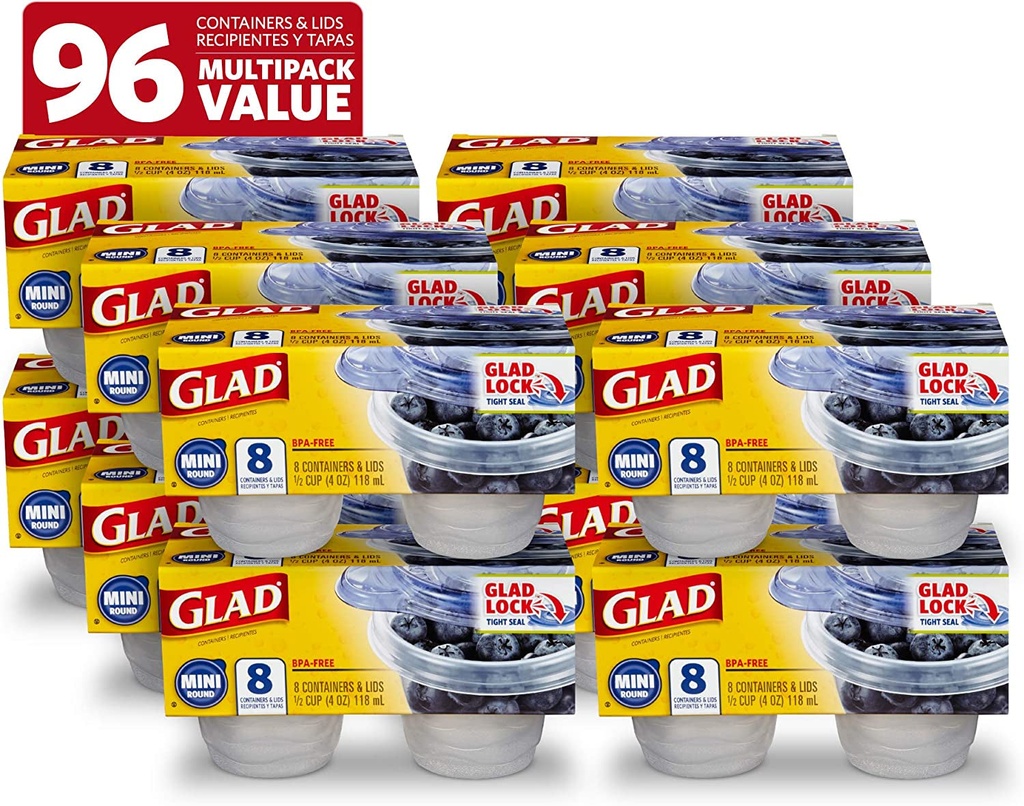 Glad Food Storage Containers, Mini round (4 Oz) | Small Food Storage Containers for Snacks and Single Serving Use | Glad Food Containers , 8 Count (Pack of 12)