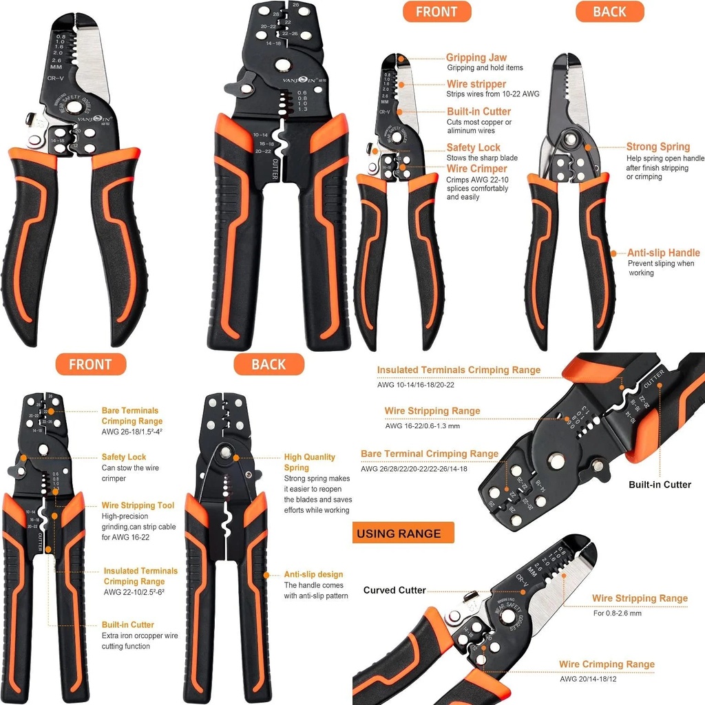 YUZEWANL High-Quality Professional 2-Piece Wire Stripper Crimper Pliers Set for AWG 10-22 - Durable Tool Kit for Stripping Crimping and Cutting Solid Wires Terminal Wire Connectors An