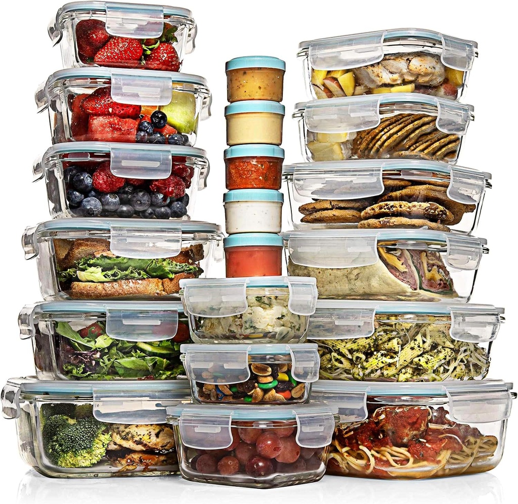 Razab 35 Pc Set Glass Food Storage Containers with Lids - Meal Prep Airtight Bento Boxes Bpa-Free 100% Leak Proof (15 Lids,15 Glass & 5 Plastic Sauce/Dip Containers)