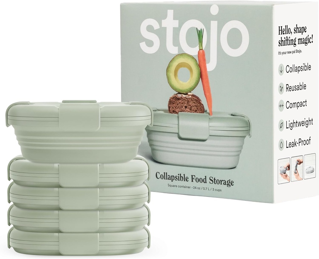 STOJO Collapsible Sandwich Box 5 Set - Sage, 24Oz - Reusable Food Storage Container - To-Go Travel Silicone Bowl for Hot and Cold Food - Lunch, Camping and Hiking - Dishwasher Safe
