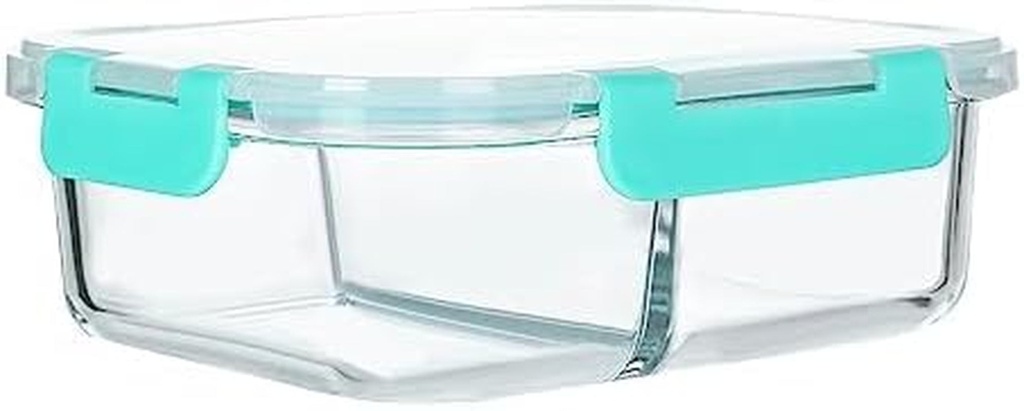 KOMUEE 1 Pack Glass Meal Prep Containers 2 Compartments,Glass Food Storage Containers with Lids,Airtight Glass Lunch Bento Boxes,Bpa Free,Oven,Freezer and Dishwasher Safe, Green