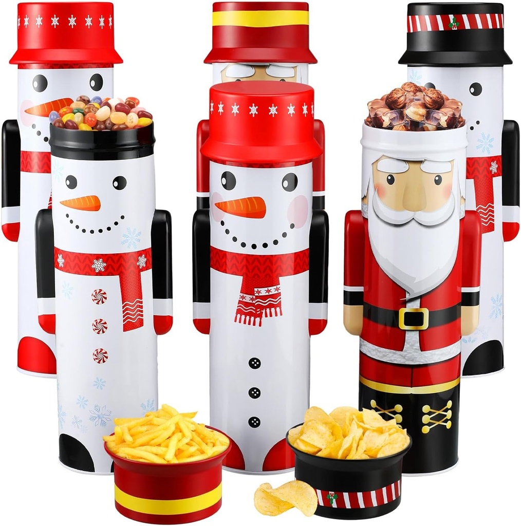 Sliner 6 Pack Nutcracker Tin Box Set Christmas Nutcracker Shape Design Food Tin Jar 3D Metal Cookie Box with Lid Xmas Candy Tin Containers for Gift Chocolate Wrapping Party Favor Supplies (Snowman)