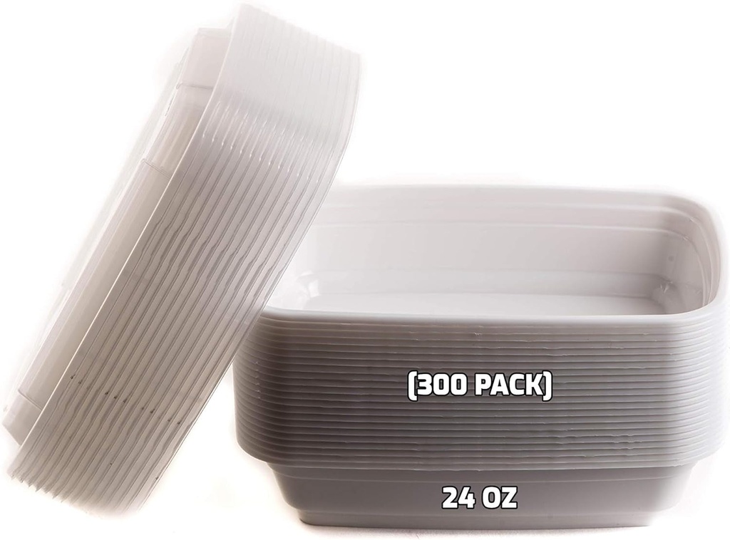 Ecoquality Meal Prep Containers [300 Pack] White Rectangle Container with Lids, Food Storage Bento Box, Microwavable, Disposable, Stir Fry | Lunch Boxes | BPA Free | Freezer/Dishwasher Safe (24 Oz)