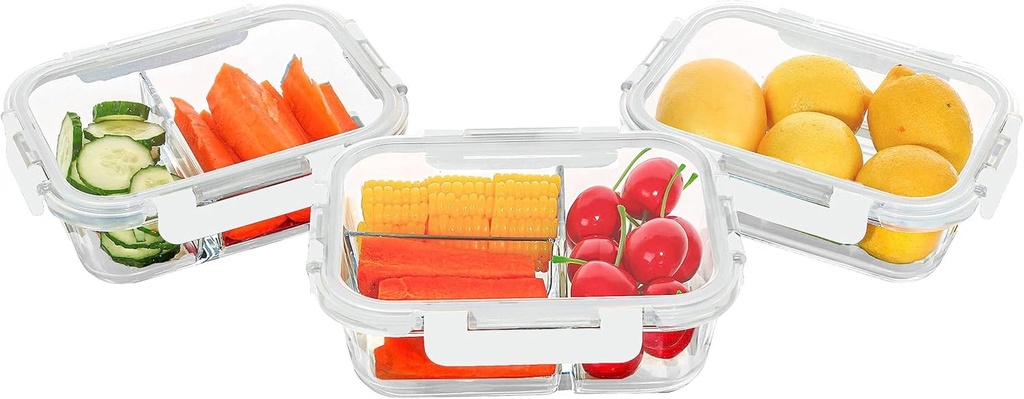 KOMUEE 3 Packs Glass Meal Prep Containers 1&2&3 Compartments, Glass Food Storage Containers with Airtight Lids, BPA Free, Microwave, Freezer and Dishwasher Safe, White