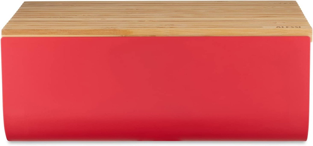 Alessi BG03 R Mattina Bread Box in Steel Coloured with Epoxy Resin with Cutting Board in Bamboo Wood, One Size, Red