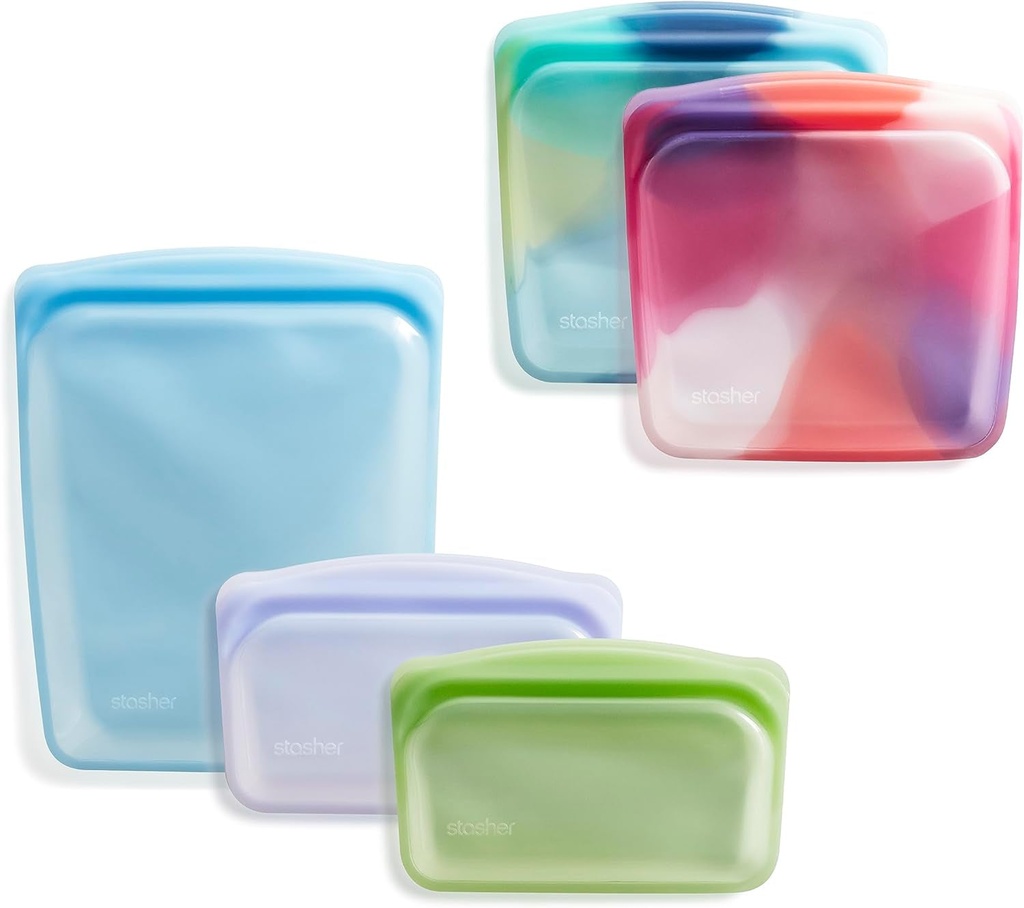 Stasher Premium Silicone Reusable Food Storage Bags, 5-Pack, Tie Dye Multi | Multi-Use Food Storage Bags, Lunch Bag, Travel Containers | BPA Free, Leak-Free, Dishwasher-Safe, Eco-Friendly