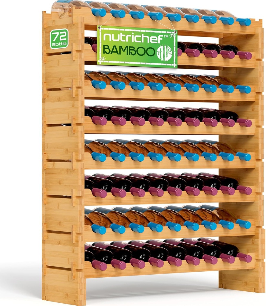 Nutrichef Bamboo Stackable Wine Rack, 8-Tier 72 Bottle Capacity Wine Racks Free Standing Floor, No Tools Assembly, Modular Storage Display Shelf for Kitchen and Cellar 33.5" X 10" X 42"