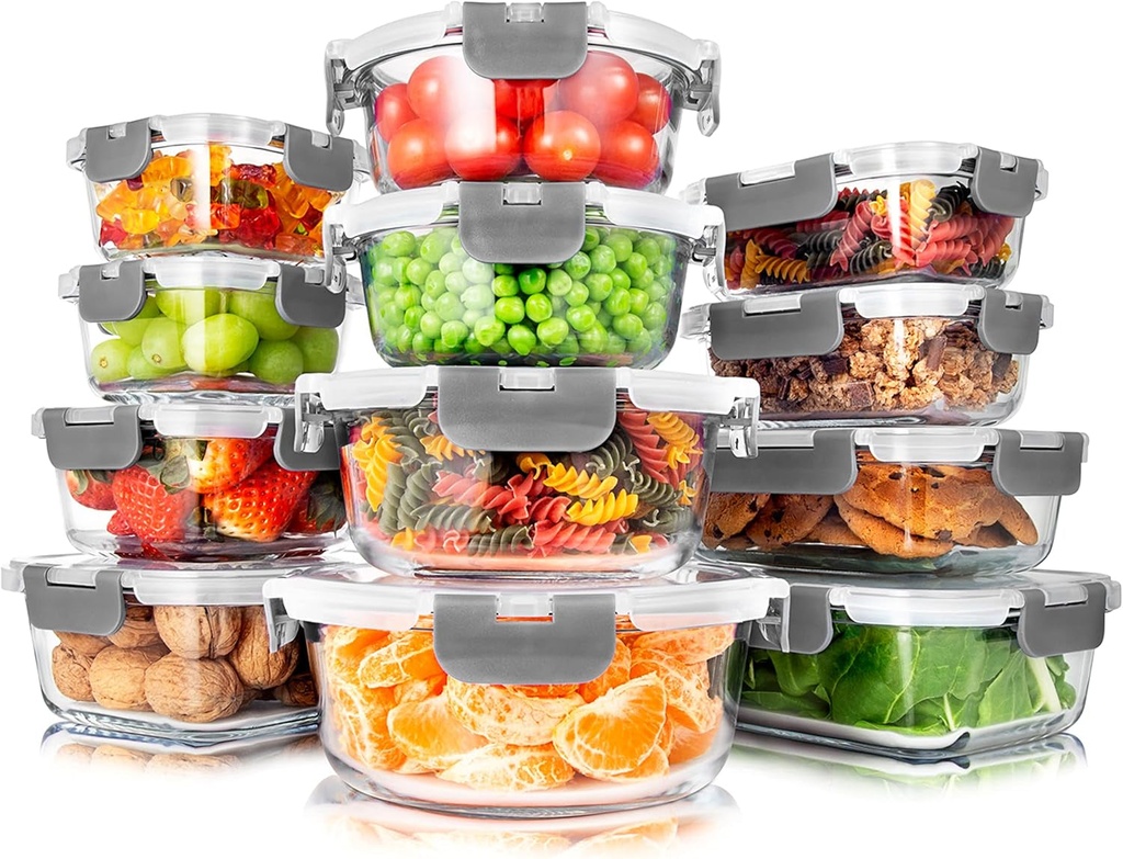 Serenelife 12-Piece Glass Food Storage Containers with Improved Locking Lids - Airtight Glass Meal Prep Set with 12 Containers & 12 Lids - Airtight Bento Boxes, Bpa-Free - 11 to 35 Oz. Capacity, Gray