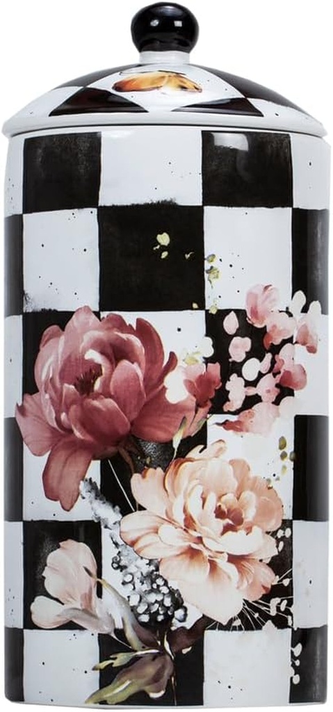 (D) Chic Checkered Porcelain Cookie Jar, Black and White (Large)