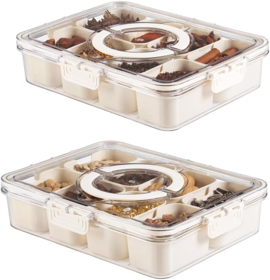 Snackle Box Container Snack Divided Serving Tray with Lid Charcuterie Board Travel and Handle Containers for Adults Snackel Portable Dividers Boards Adult 8 Compartment Food Storage (Pack of 2)