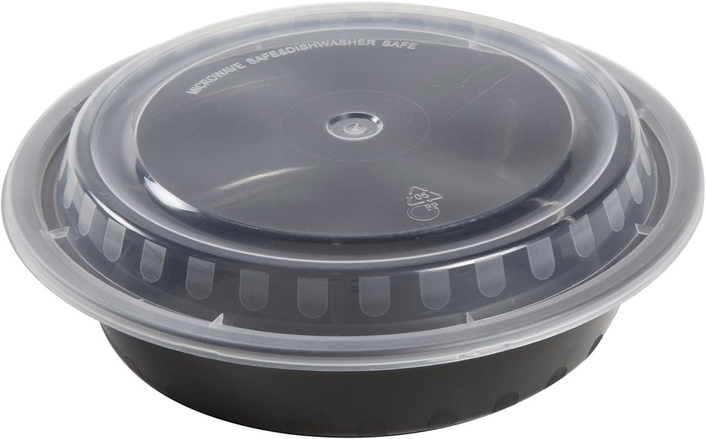 Amercare 7 Inch round Black Plastic Containers with Lids, 24 Ounces for Microwave or Freezer, Pack of 150