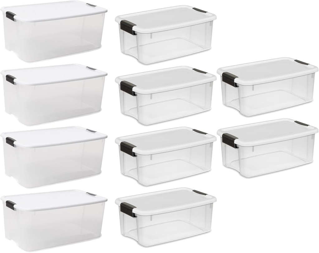 Sterilite 4 Sets of 116 Quart and 6 Sets of 18 Quart Heavy-Duty Stackable Clear Latch Lid Storage Container Tote for Home Organization