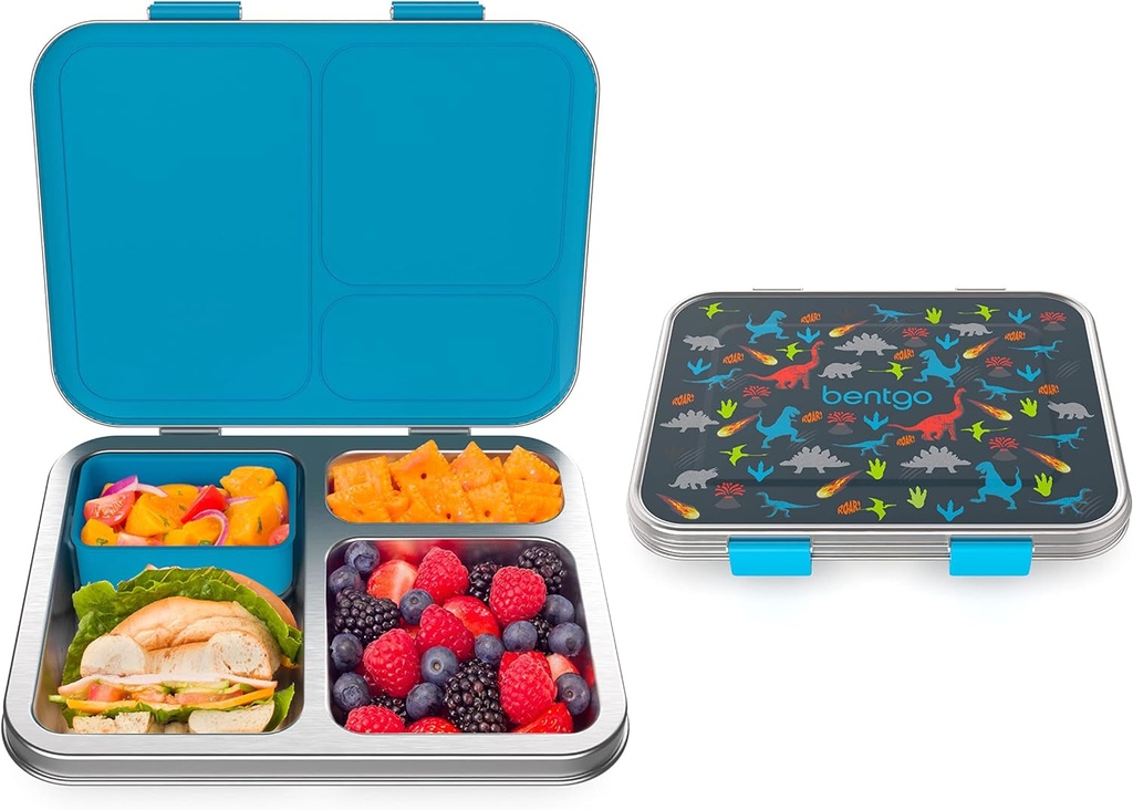 Bentgo® Kids Stainless Steel Prints Leak-Resistant Lunch Box - New Improved 2022 Bento-Style with Updated Latches, 3 Compartments & Bonus Container - Eco-Friendly, Dishwasher Safe, Bpa-Free (Dinosaur)