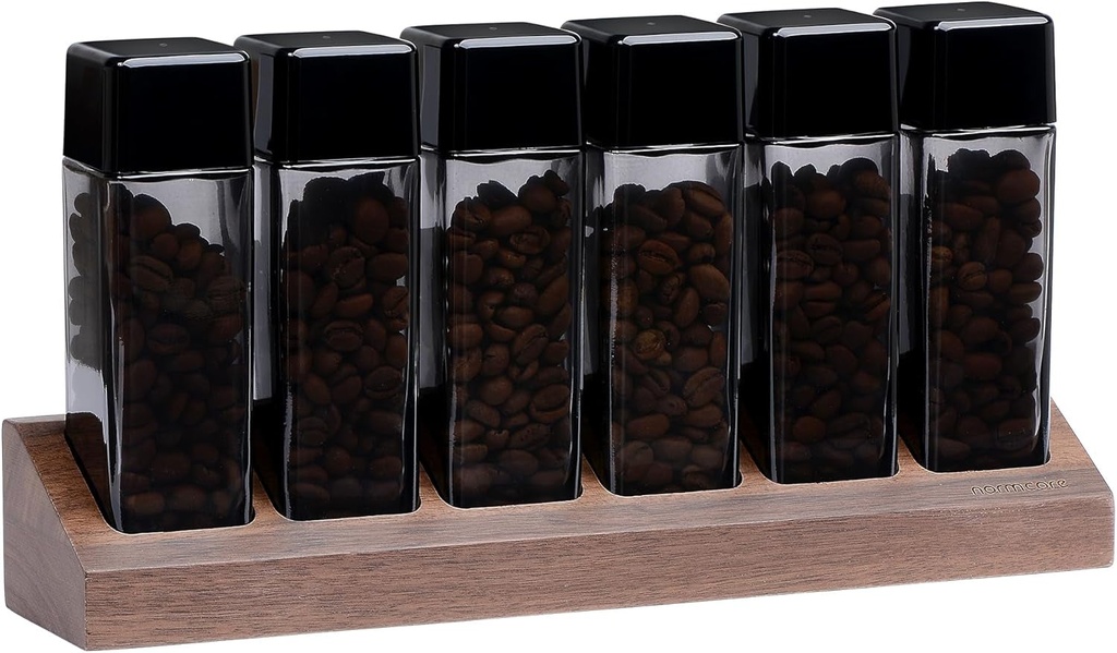 Normcore 6 Tubes Single Dose Espresso Bean Cellars, Coffee Beans Storage Tube Vial Vault with One-Way Exhaust Valve, Smoke Glass Coffee Bean Capsules with Genuine American Walnut Display Stand