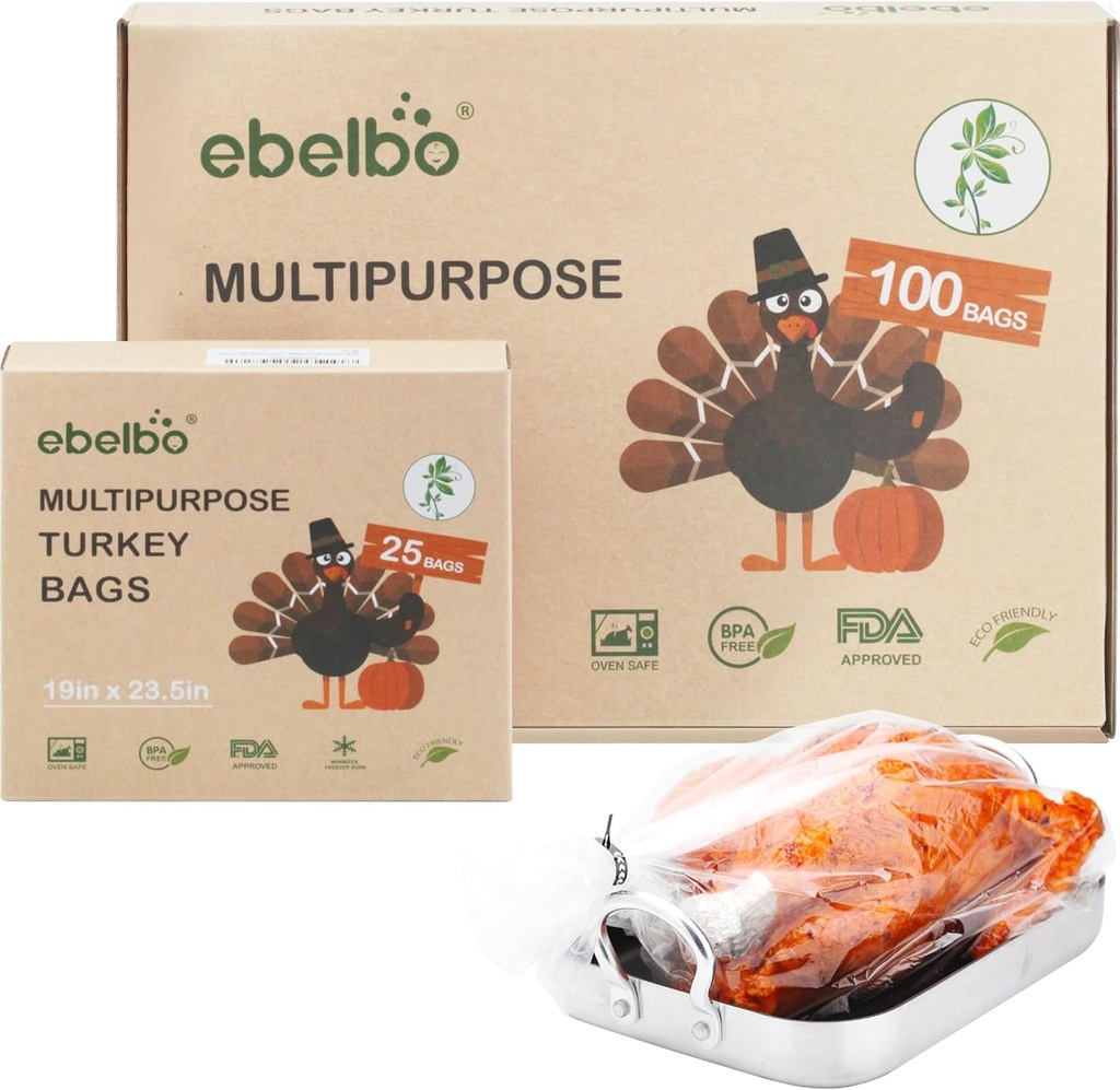 100 Count Ebelbo Nylon Turkey Oven Bags, 19X23.5 Inch Large Size BPA Free up to 400°F for Meats Chicken Seafood Vegetables Cooking Roasting Freezer