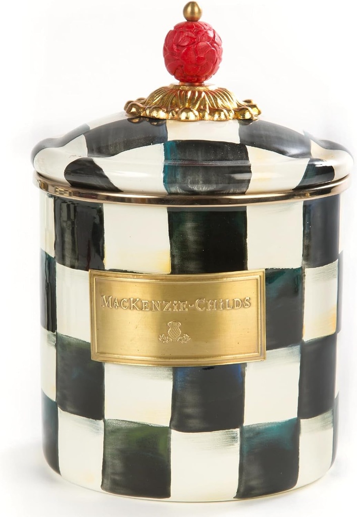 MACKENZIE-CHILDS Courtly Check Enamel Canister, Black-And-White Kitchen Storage Container with Lid, Small