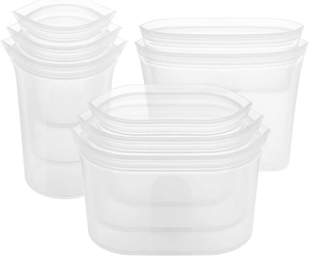 Zip Top Reusable Food Storage Bags | Full Set of 8 [Frost] | Silicone Meal Prep Container | Microwave, Dishwasher and Freezer Safe | Made in the USA