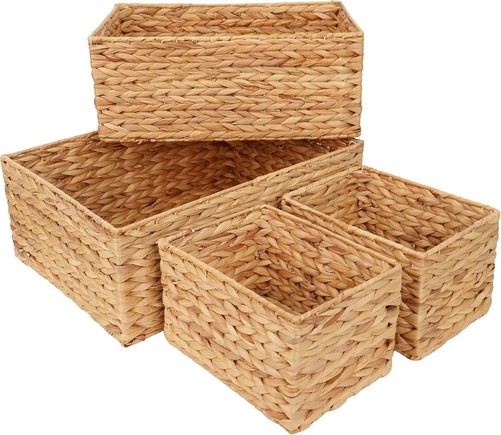 Wicker Basket Organizer Rectangle Water Hyacinth Storage Baskets Set of 4 Organizing Bathroom Bedroom Kitchen Shelves Pantry Natural Woven Baskets Rectangular