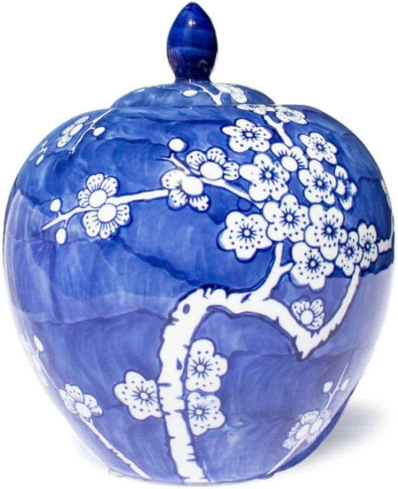 Hand Painted Porcelain Jar - Blue/White Cherry Blossom Round
