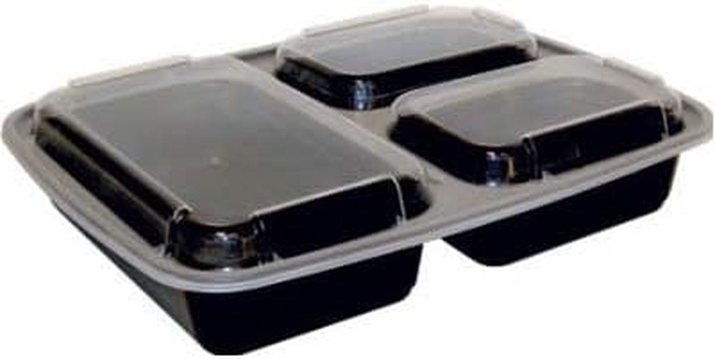 32 Oz Microwaveable 3 Compartment Black Rectangular Container Lid Combo 150 CT