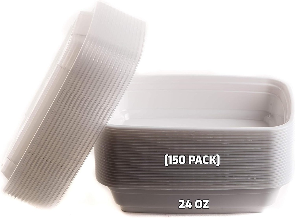 Ecoquality Meal Prep Containers [150Pack] White Rectangle Container with Lids, Food Storage Bento Box, Microwavable, Disposable, Stir Fry | Lunch Boxes | BPA Free | Freezer/Dishwasher Safe (24 Oz)