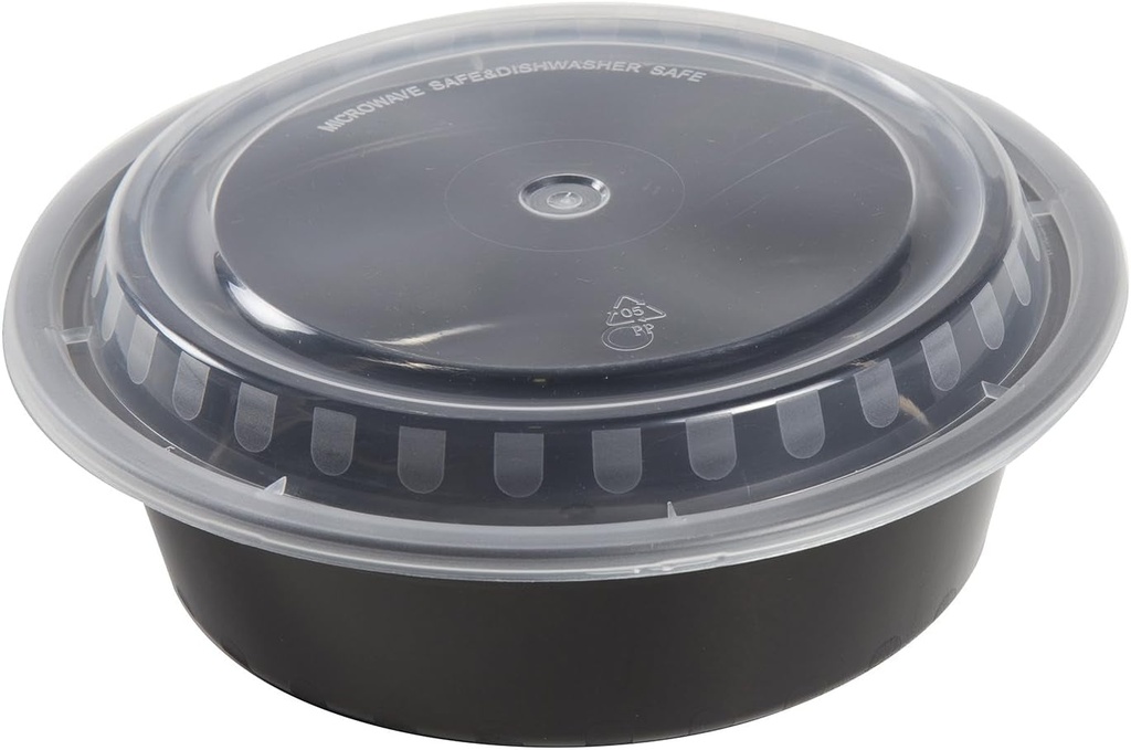 Amercare 7 Inch round Black Plastic Containers with Lids, 32 Ounces for Microwave or Freezer, Pack of 150