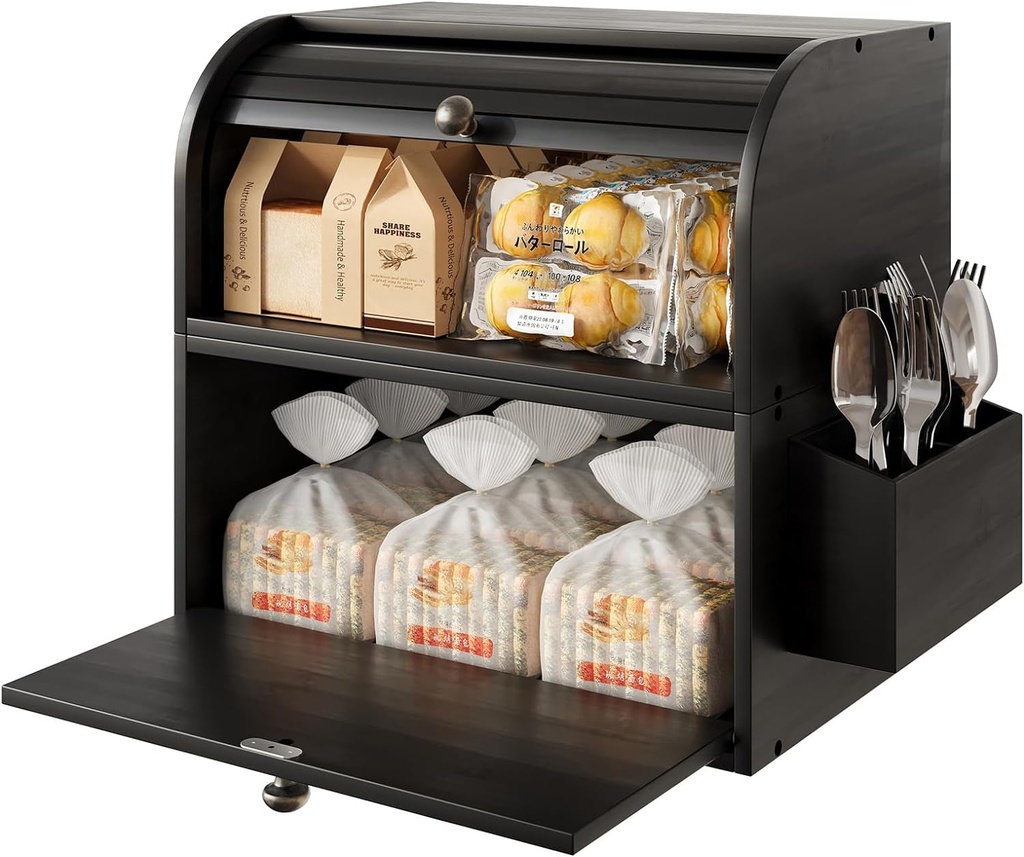 TQVAI Bamboo Bread Box for Kitchen Countertop Dobule Layer Roll Top Bread Bin with Silverware Basket - Can Use as 2 Individual Bread Boxes - Assembly Required, Black