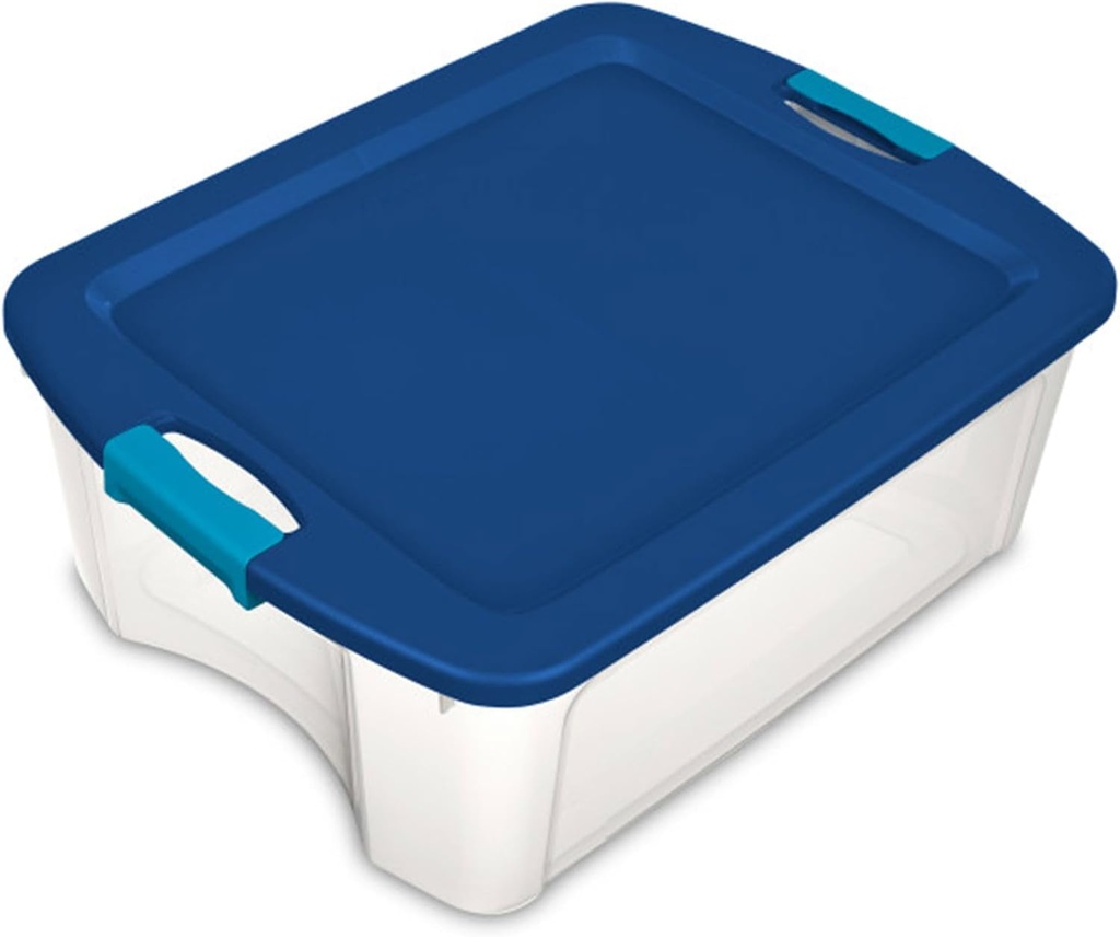 Sterilite 12 Gal Latch and Carry, Stackable Storage Bin with Latching Lid, Plastic Container to Organize Closets, Clear with Blue Lid, 6-Pack