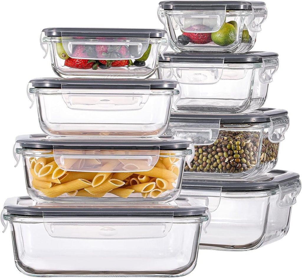 HOMBERKING 8 Pack Glass Food Storage Containers, Meal Prep, Airtight Bento Boxes with Leak Proof Locking Lids for Microwave, Oven, Freezer and Dishwasher, BPA Free, 5-35Oz