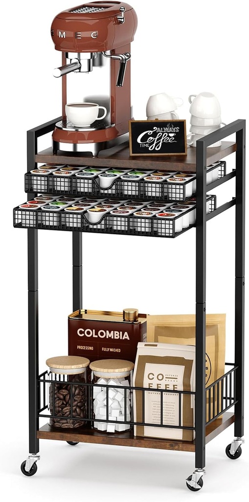 Miratino K-Cup Holder Rack,Coffee Pod Holder Drawer for 84 Coffee Pods Storage,Coffee Cart with Wheels,Stylish Home or Office Coffee Bar Station Organizer,Rustic Brown
