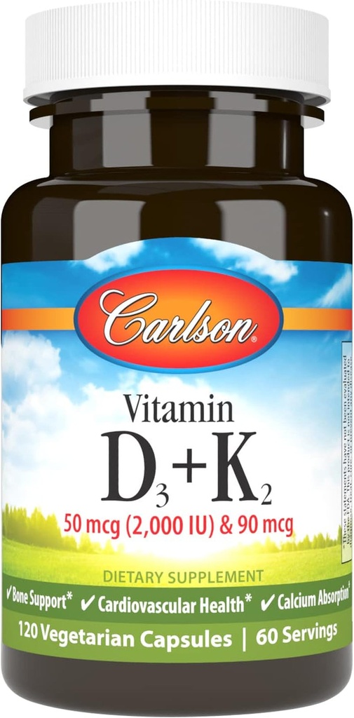 Carlson - Vitamin D3 + K2, 50 Mcg (2000 IU) Vitamin D3 & 90 Mcg Vitamin K2 as MK