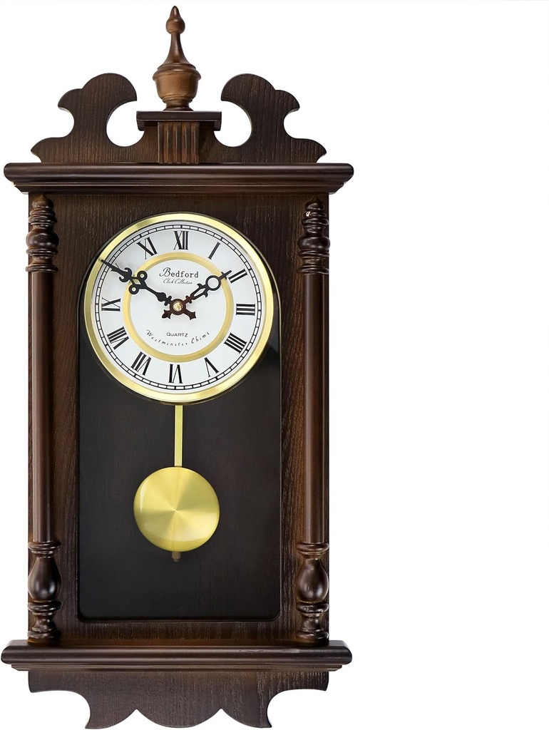 Bedford Clock Collection Leo 21 Inch Chestnut Wood Chiming Pendulum Wall Clock