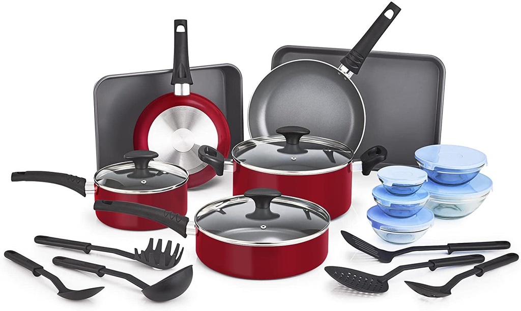 BELLA 21 Piece Nonstick Cookware Set with Glass Lids - Aluminum Bakeware, Pots A