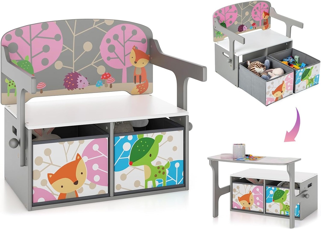 HONEY JOY Kids Table and Chair Set, 3-In-1 Convertible Wooden Toy Storage Bench