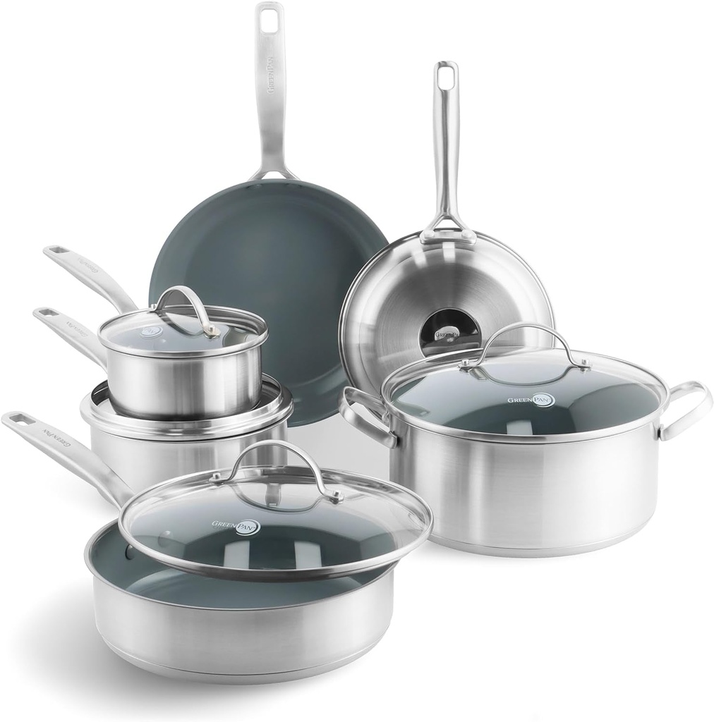 Greenpan Treviso Stainless Steel Healthy Ceramic Nonstick, 10 Piece Cookware Pot