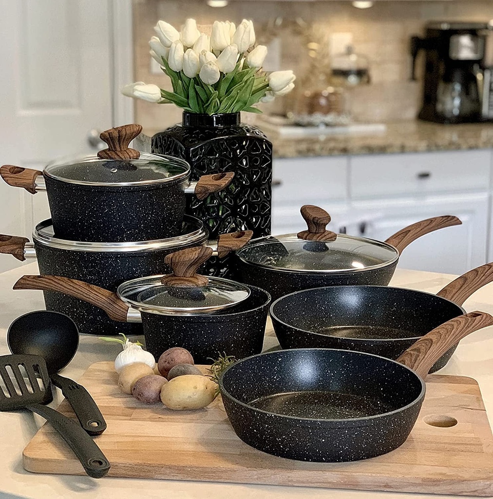Kitchen Academy Induction Cookware Sets - 12 Piece Cooking Pan Set, Granite Blac